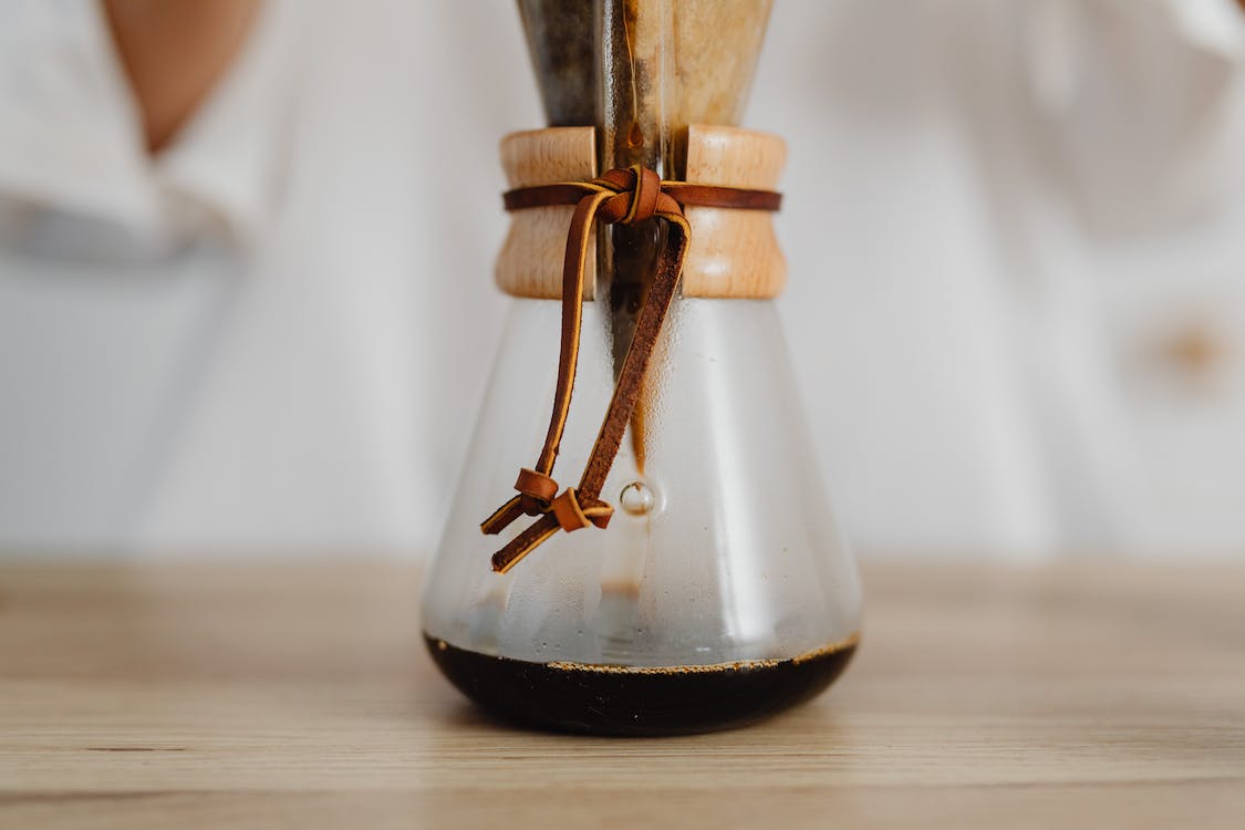 Close-up shot of a glass coffee server or carafe