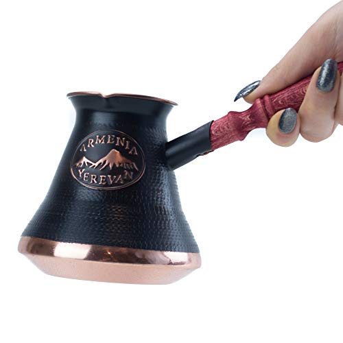 Handmade Armenian Coffee Pot Maker 7 cup (21 Fl Oz) – Copper Jazva Ararat – Turkish Arabic Greek Cezve Jezve Ibrik Turka Jazve – wooden handle
