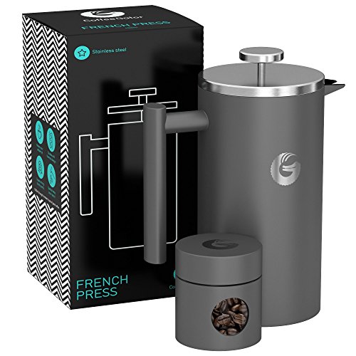 Large French Press Coffee Maker – Vacuum Insulated Stainless Steel With Double Filter, Travel Canister and eBook – By Coffee Gator, 34floz, Gray