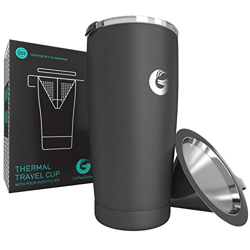 Personal Coffee Brewing Travel Mug – Vacuum Insulated Stainless Steel Pour Over Maker With Locking Lid – 17floz – By Coffee Gator