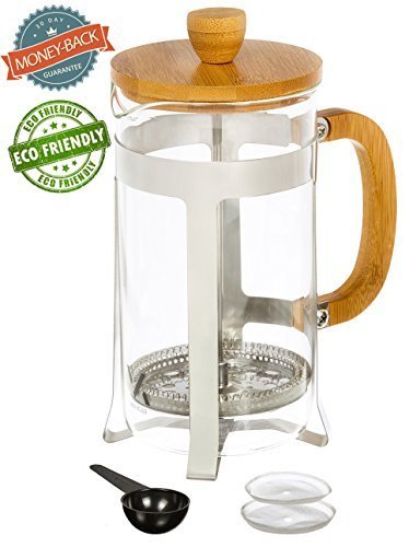Urban Galley French Press Coffee Espresso Tea Maker (8 Cup 1000ml 34oz) with Stainless Steel Plunger, Pyrex Glass and Bamboo Wood