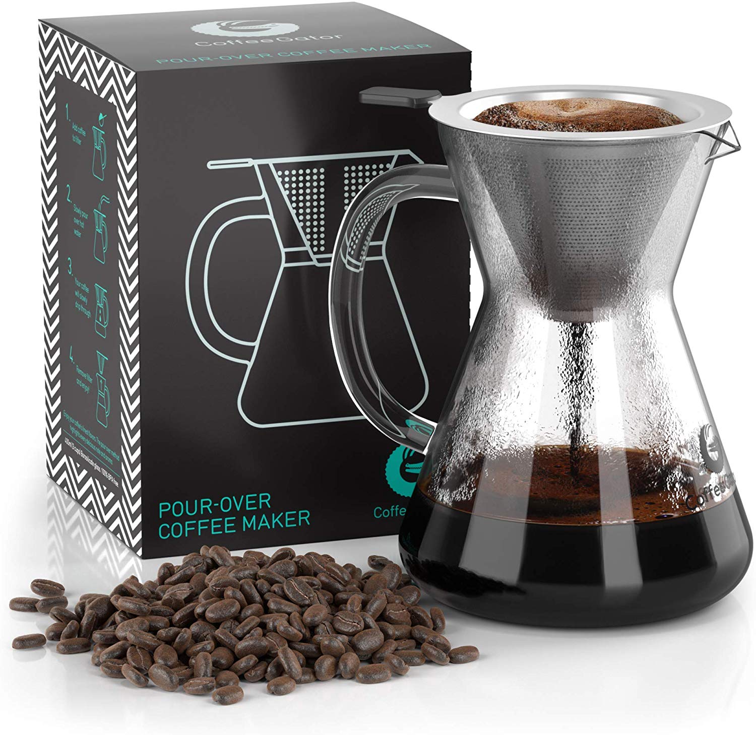 coffee dripper by Coffee Gator, its box, and coffee beans