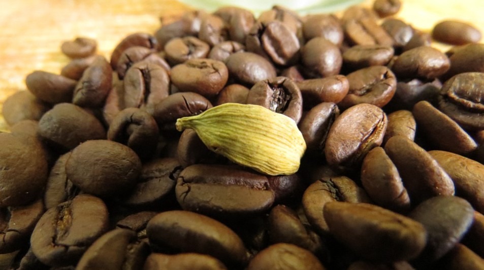 a piece of cardamom with a bunch of coffee beans