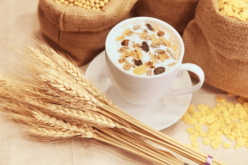 cereals and nuts on a cup, wheat